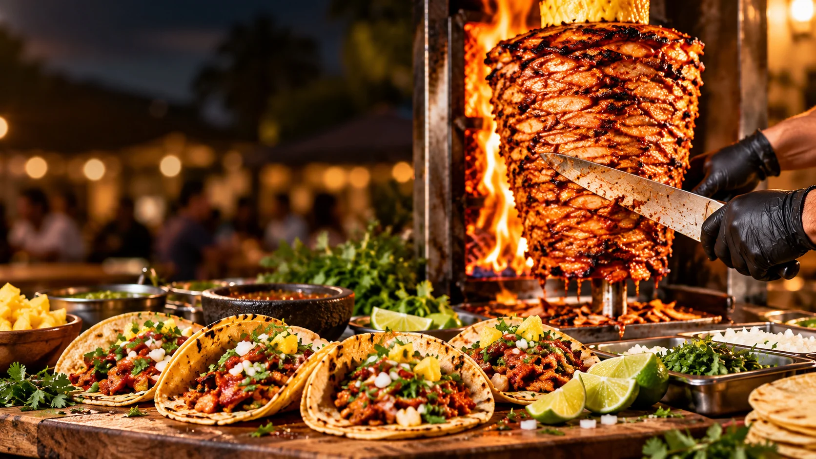 Illustrative photo of a chef cutting al pastor from a vertical spit