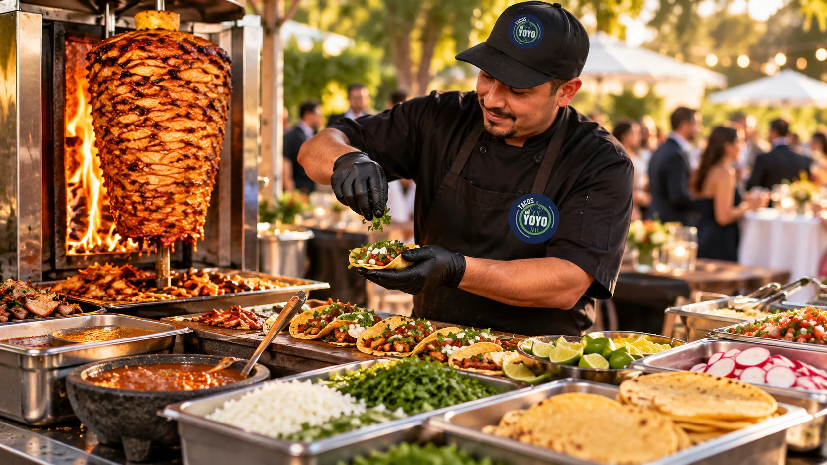 Illustrative photo of a uniformed chef assembling tacos