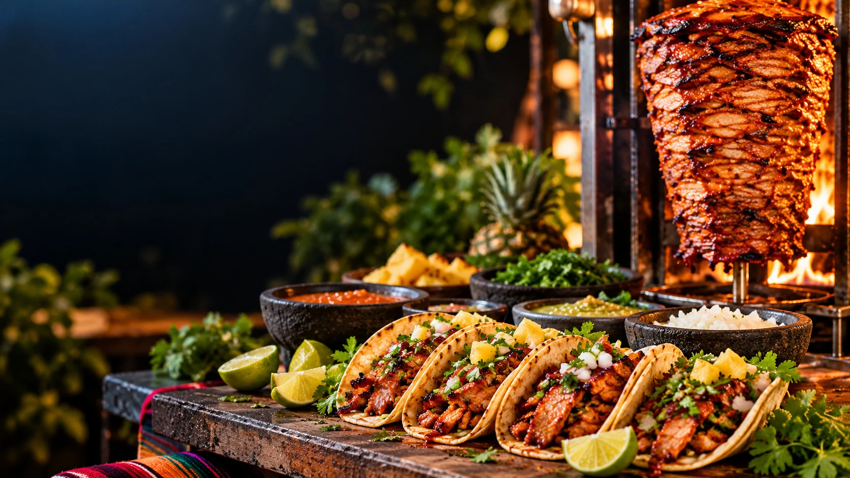 Illustration of tacos beside a flaming trompo