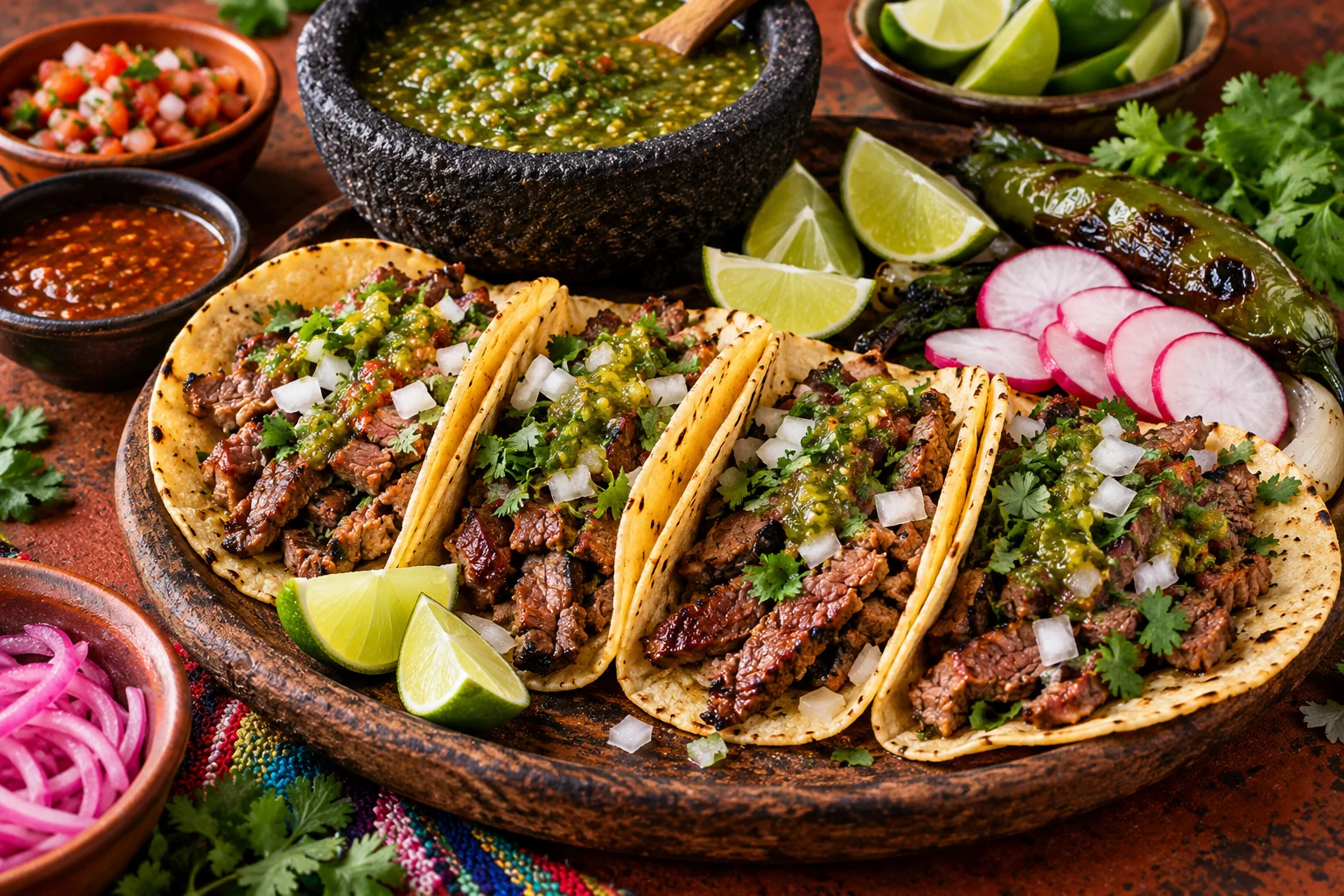 Close-up food illustration of tacos and sauces