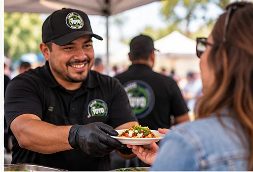 Illustrative taco server offering a plate to a guest