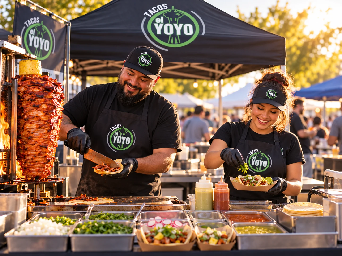 Illustration of two different workers at a branded taco stand