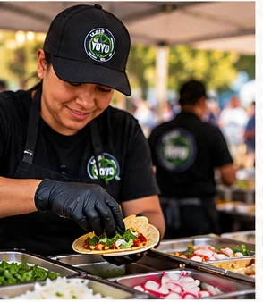 Illustration of a cook finishing tacos at a serving station