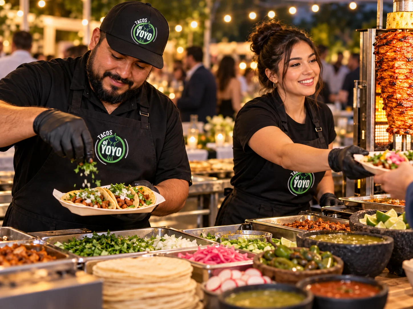 Illustration of two distinct staff serving tacos at an event